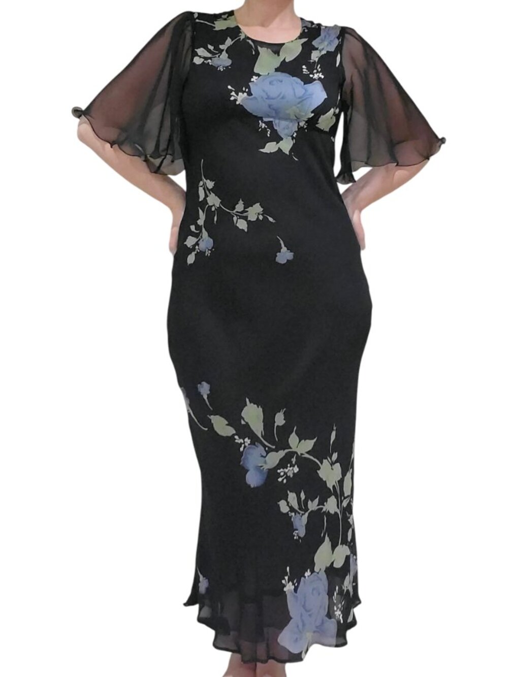 Vintage 90s Whimsygoth Floral Maxi Dress Flutter Sleeve Holiday Dress Size L